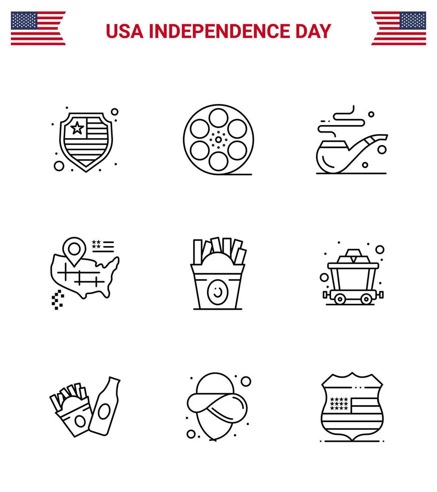 lijn pak van 9 Verenigde Staten van Amerika onafhankelijkheid dag symbolen van kar voedsel rook Fast food Amerikaans bewerkbare Verenigde Staten van Amerika dag vector ontwerp elementen