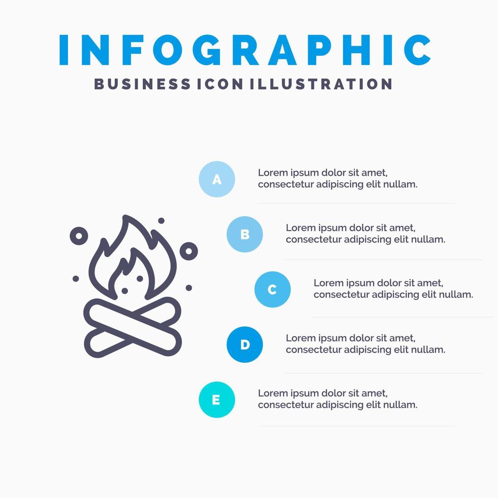 kamp camping brand heet natuur lijn icoon met 5 stappen presentatie infographics achtergrond vector