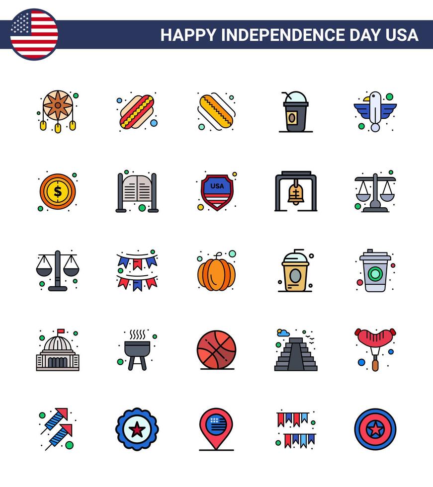 gelukkig onafhankelijkheid dag 4e juli reeks van 25 vlak gevulde lijnen Amerikaans pictogram van geld staat Amerikaans adelaar dier bewerkbare Verenigde Staten van Amerika dag vector ontwerp elementen