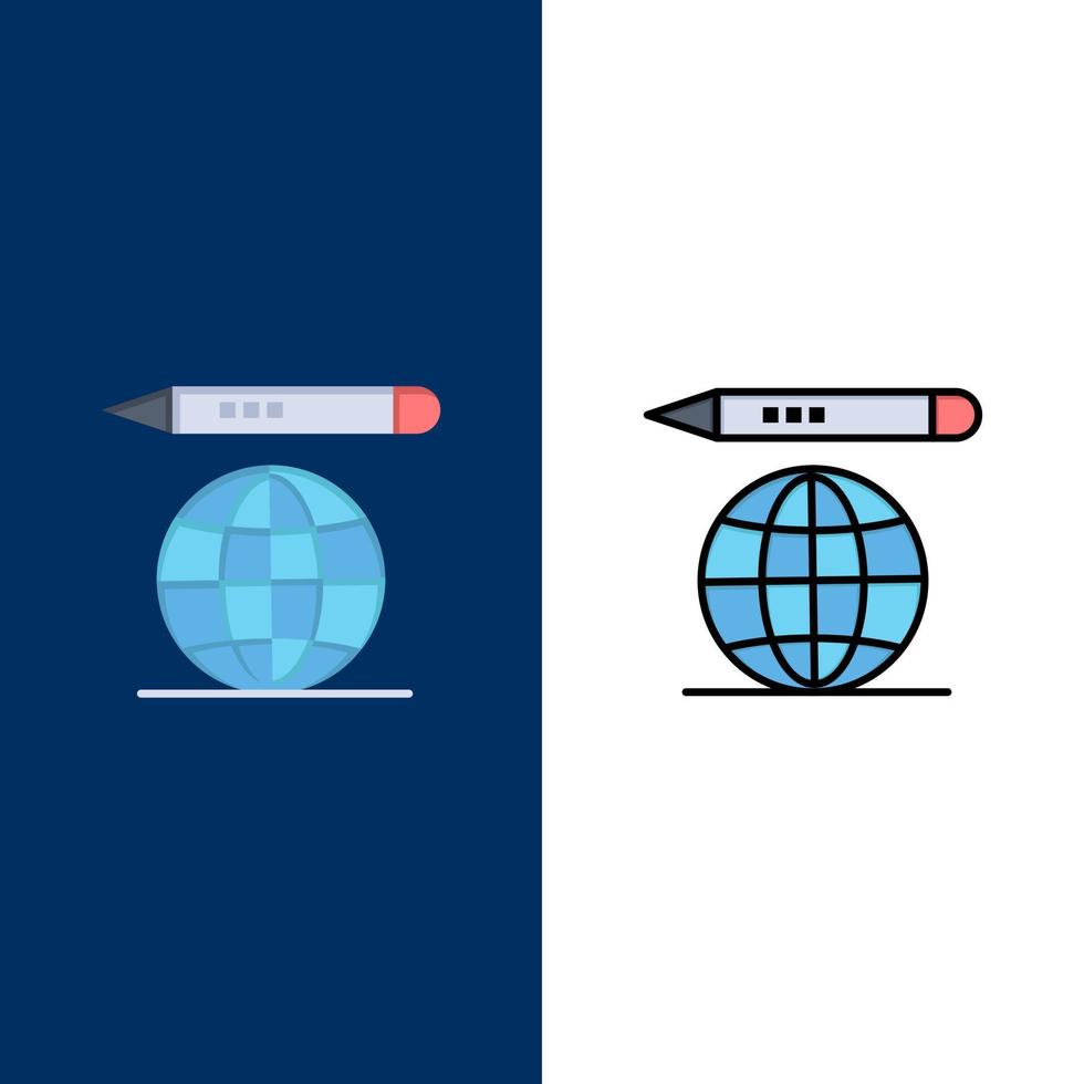 wereld onderwijs wereldbol potlood pictogrammen vlak en lijn gevulde icoon reeks vector blauw achtergrond