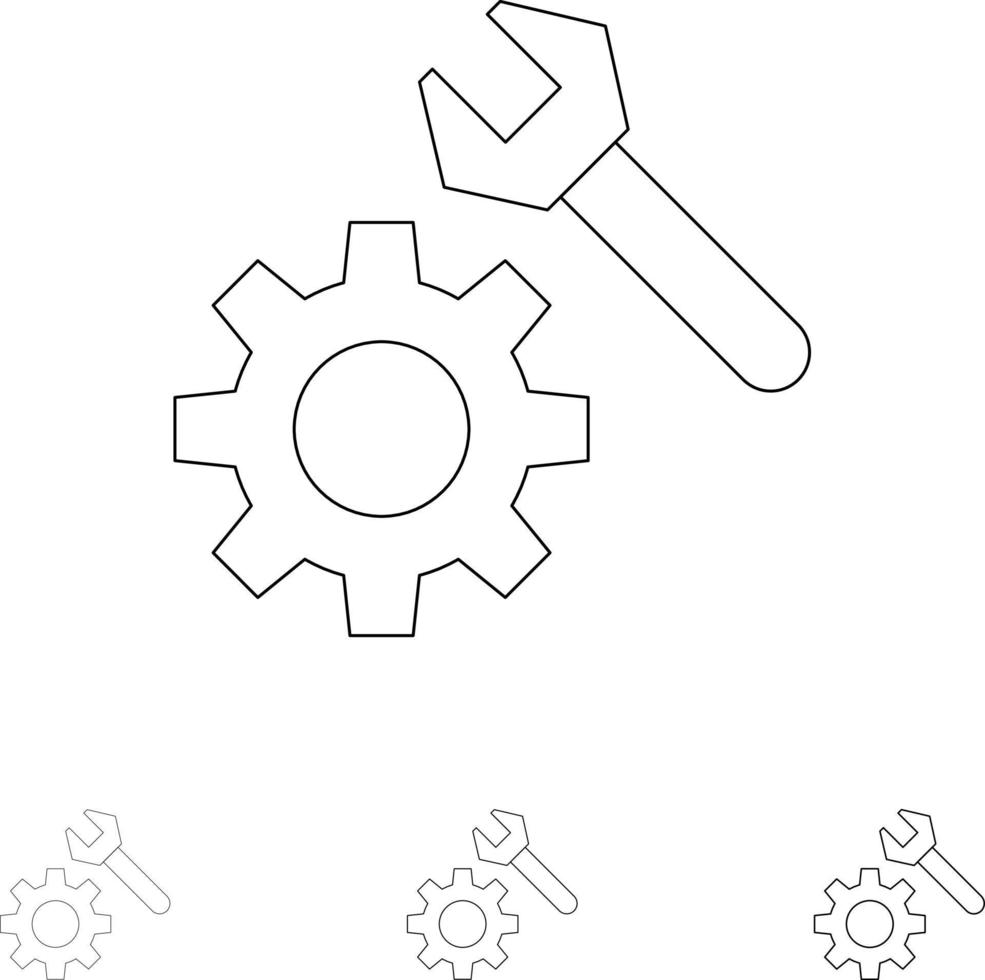 instelling moersleutel uitrusting stoutmoedig en dun zwart lijn icoon reeks vector