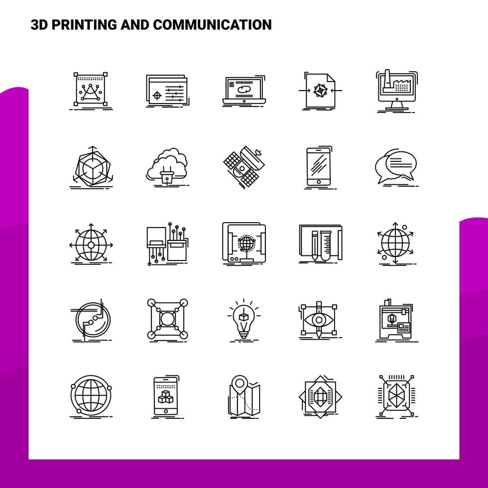 reeks van 3d het drukken en communicatie lijn icoon reeks 25 pictogrammen vector minimalisme stijl ontwerp zwart pictogrammen reeks lineair pictogram pak