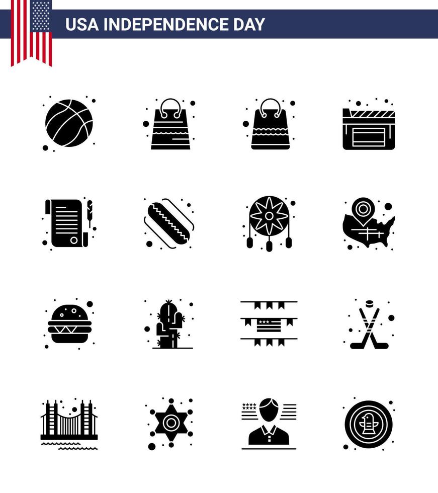 16 solide glyph tekens voor Verenigde Staten van Amerika onafhankelijkheid dag versiering hotdog bioscoop Amerikaans bon bewerkbare Verenigde Staten van Amerika dag vector ontwerp elementen