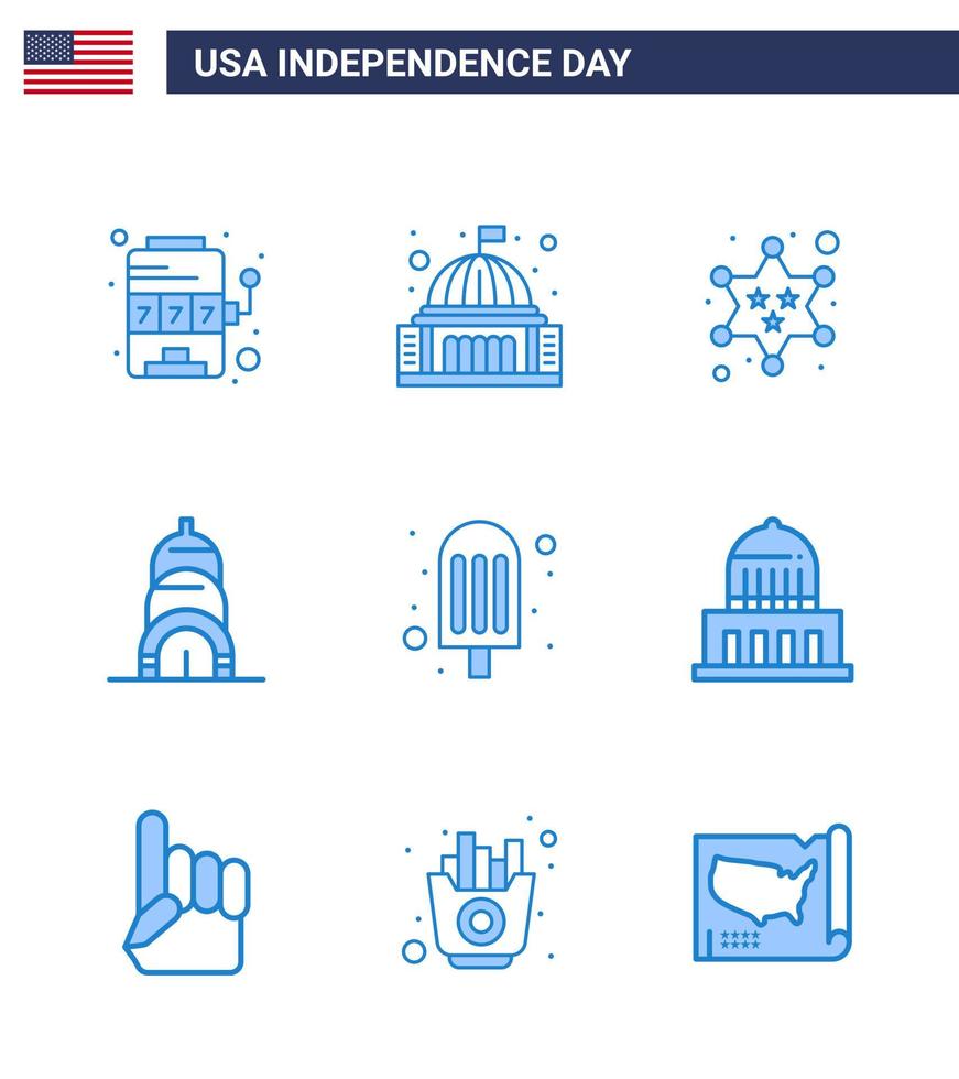 blauw pak van 9 Verenigde Staten van Amerika onafhankelijkheid dag symbolen van voedsel Verenigde Staten van Amerika wit gebouw ster bewerkbare Verenigde Staten van Amerika dag vector ontwerp elementen