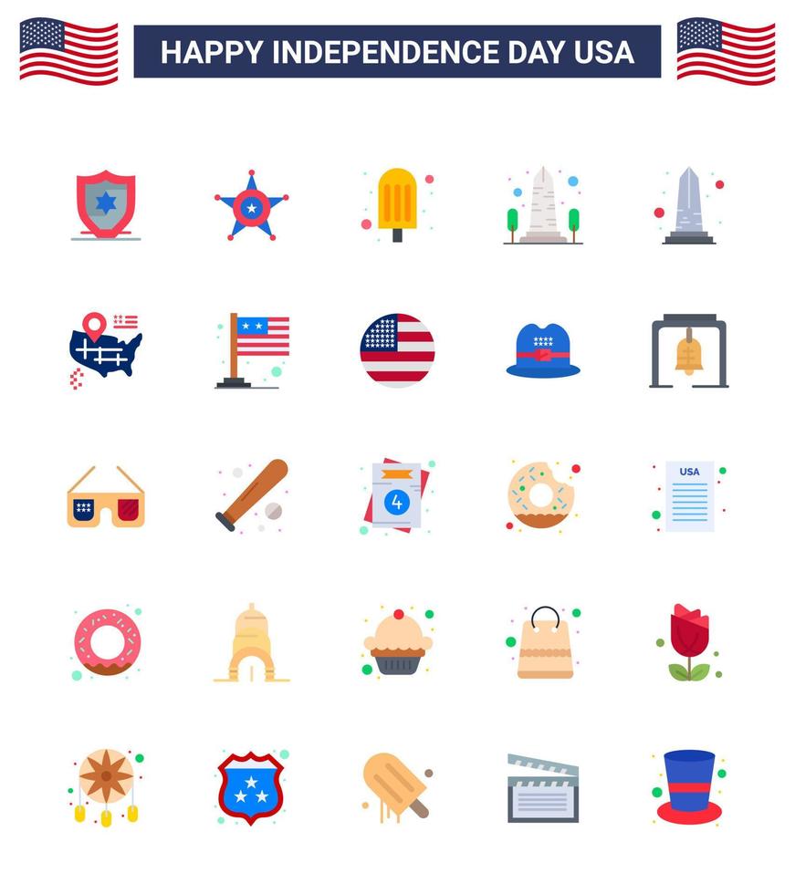 gelukkig onafhankelijkheid dag pak van 25 flats tekens en symbolen voor Amerikaans plaats voedsel Washington zicht bewerkbare Verenigde Staten van Amerika dag vector ontwerp elementen