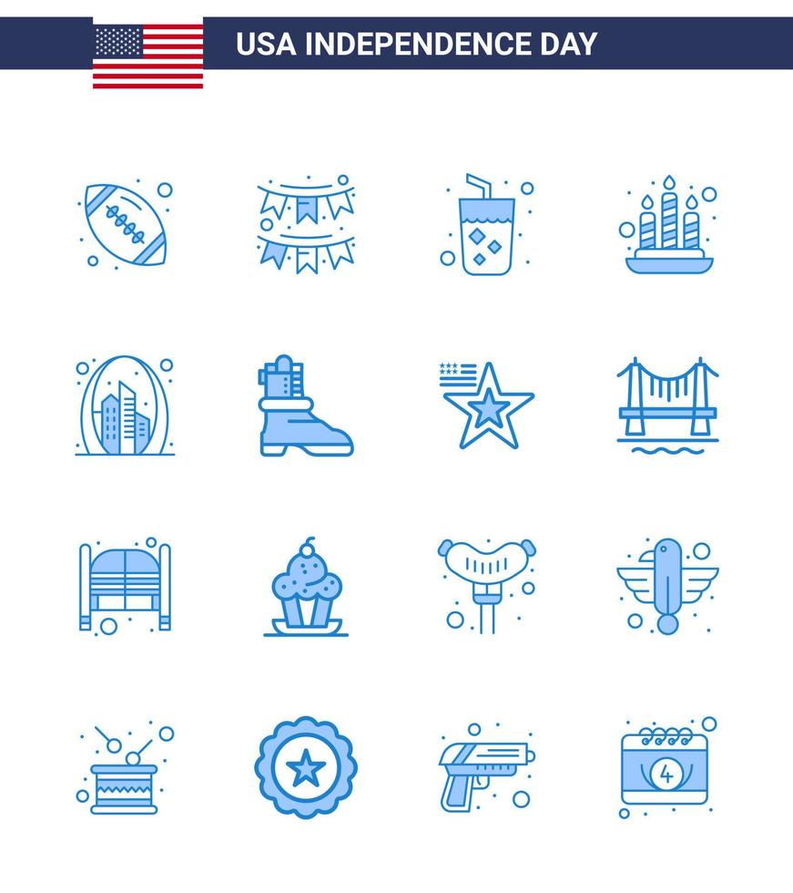 gelukkig onafhankelijkheid dag 4e juli reeks van 16 blues Amerikaans pictogram van gebouw licht slinger brand wijn bewerkbare Verenigde Staten van Amerika dag vector ontwerp elementen