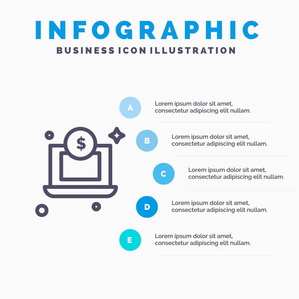 laptop dollar geld lijn icoon met 5 stappen presentatie infographics achtergrond vector