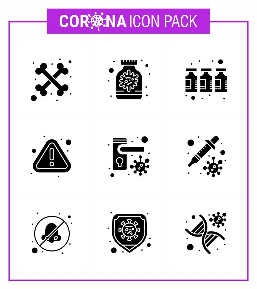 9 solide glyph zwart coronavirus covid19 icoon pak zo net zo veiligheid deurknop verdovende middelen virus merk op virale coronavirus 2019november ziekte vector ontwerp elementen