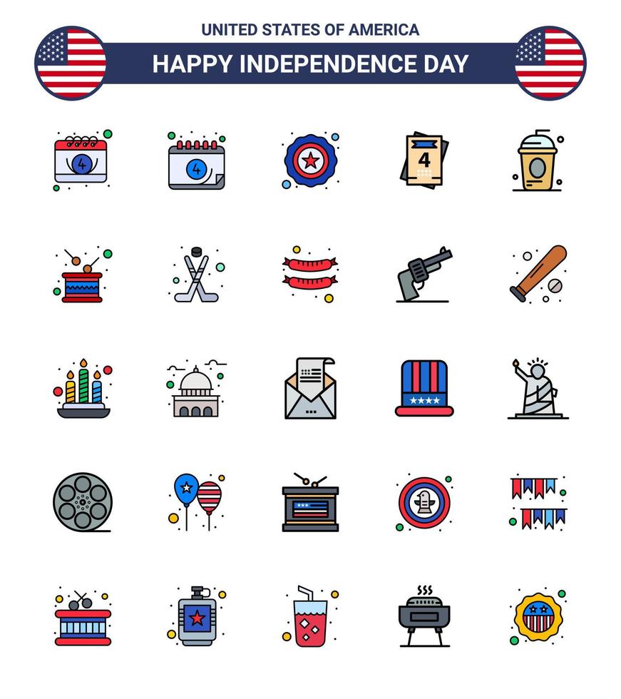 gelukkig onafhankelijkheid dag pak van 25 vlak gevulde lijnen tekens en symbolen voor vakantie dag liefde onafhankelijkheid drinken bewerkbare Verenigde Staten van Amerika dag vector ontwerp elementen