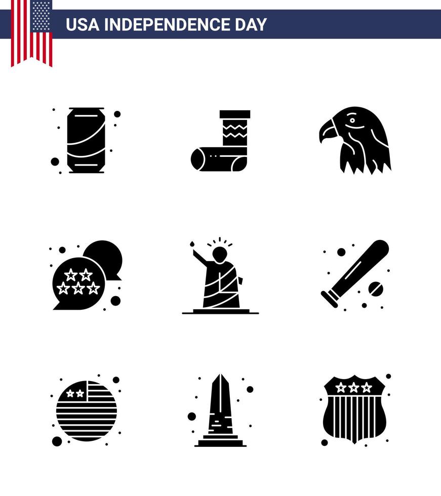 gelukkig onafhankelijkheid dag 4e juli reeks van 9 solide glyphs Amerikaans pictogram van vrijheid babbelen bubbel dier ster vlag bewerkbare Verenigde Staten van Amerika dag vector ontwerp elementen