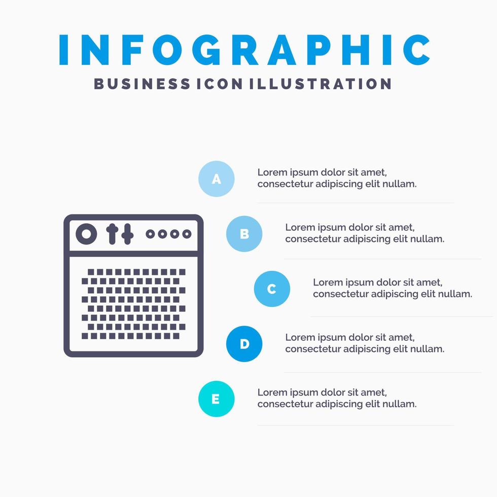 versterker audio apparaat multimedia portable lijn icoon met 5 stappen presentatie infographics achtergrond vector