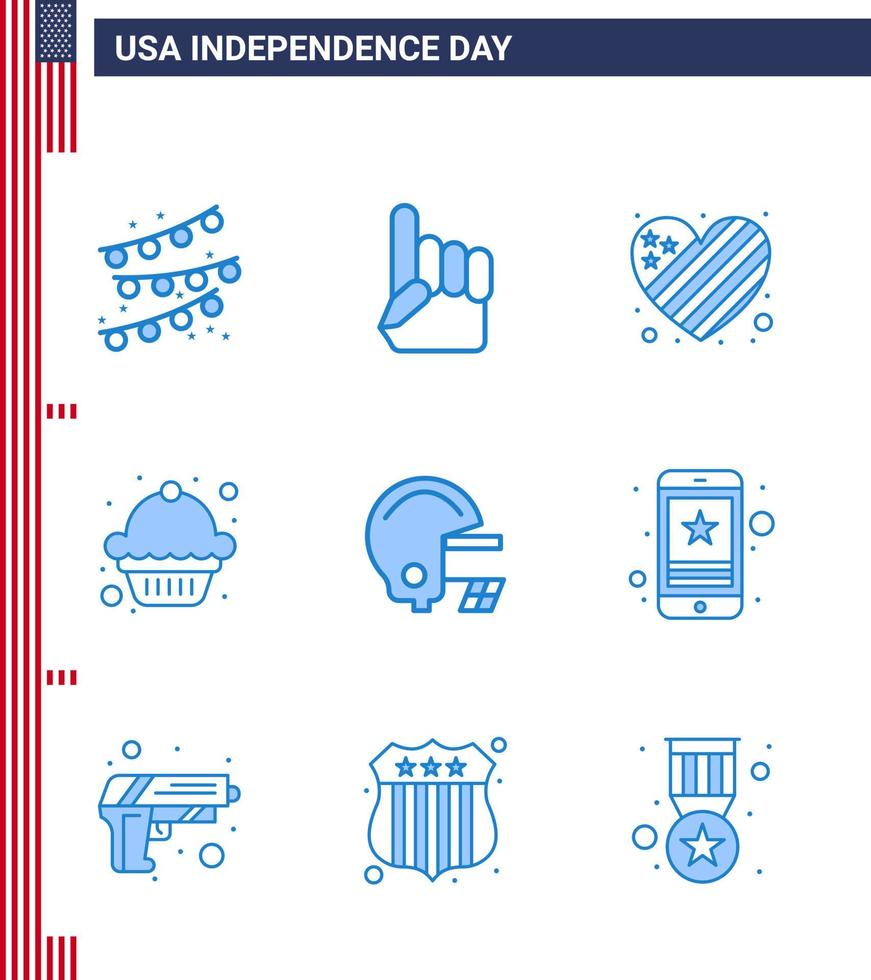 gelukkig onafhankelijkheid dag pak van 9 blues tekens en symbolen voor cel Amerikaans voetbal vlag Amerikaans toetje bewerkbare Verenigde Staten van Amerika dag vector ontwerp elementen
