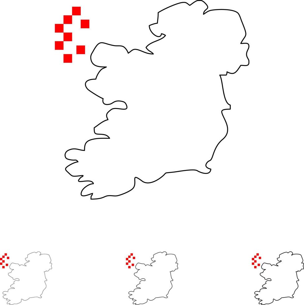 wereld kaart Ierland stoutmoedig en dun zwart lijn icoon reeks vector