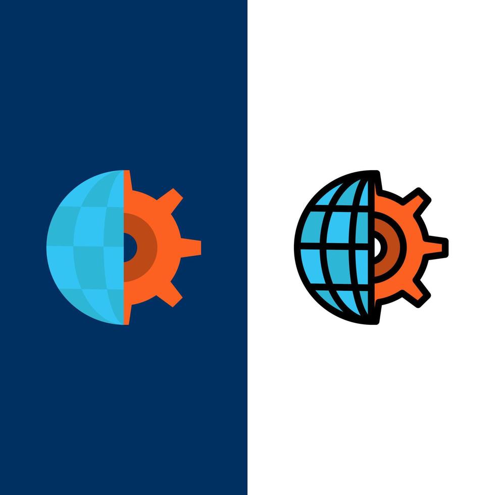 uitrusting wereldbol instelling bedrijf pictogrammen vlak en lijn gevulde icoon reeks vector blauw achtergrond
