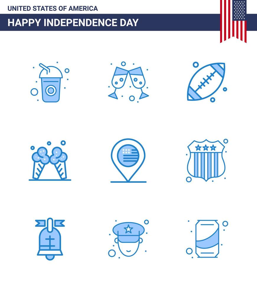 pak van 9 creatief Verenigde Staten van Amerika onafhankelijkheid dag verwant blues van kaart Amerikaans voetbal Amerikaans ijs bewerkbare Verenigde Staten van Amerika dag vector ontwerp elementen