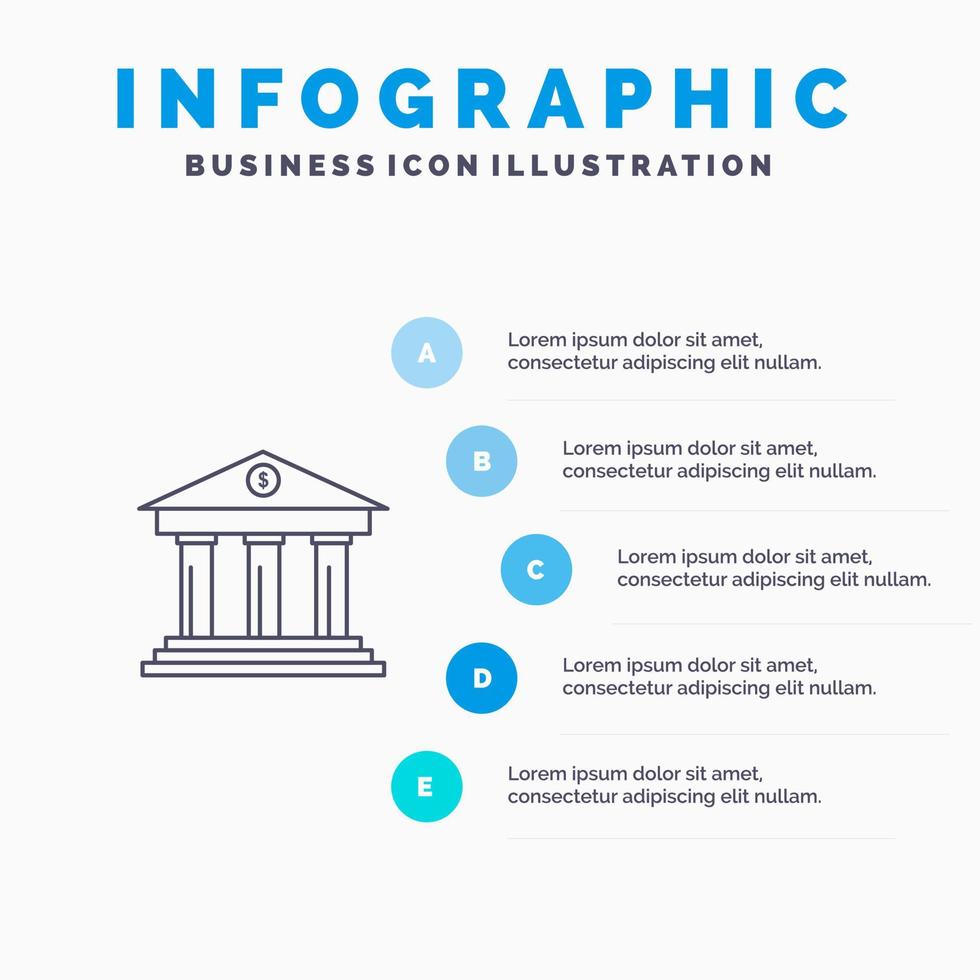bank bedrijf financiën gebouw geld lijn icoon met 5 stappen presentatie infographics achtergrond vector
