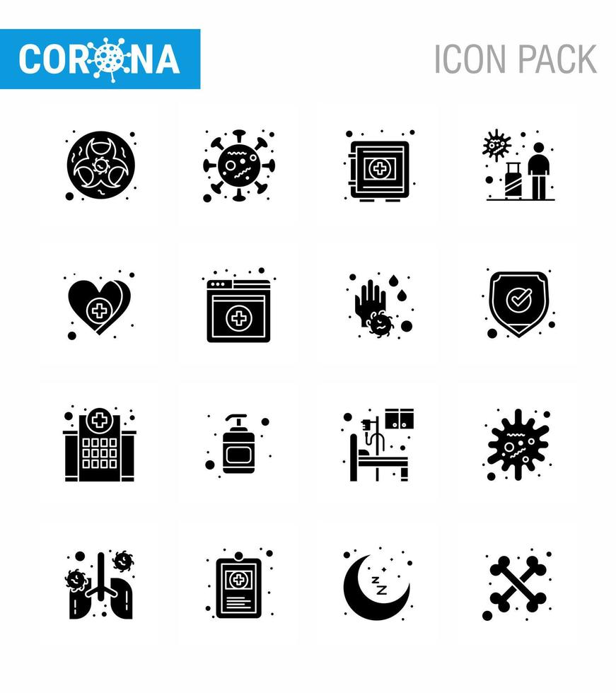 coronavirus bewustzijn icoon 16 solide glyph zwart pictogrammen icoon inbegrepen reizen toerist epidemie infectie veilig virale coronavirus 2019november ziekte vector ontwerp elementen