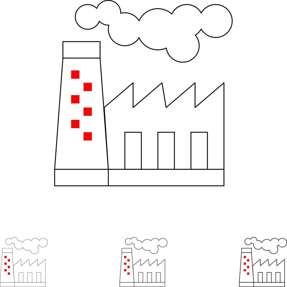 fabriek verontreiniging productie rook stoutmoedig en dun zwart lijn icoon reeks vector