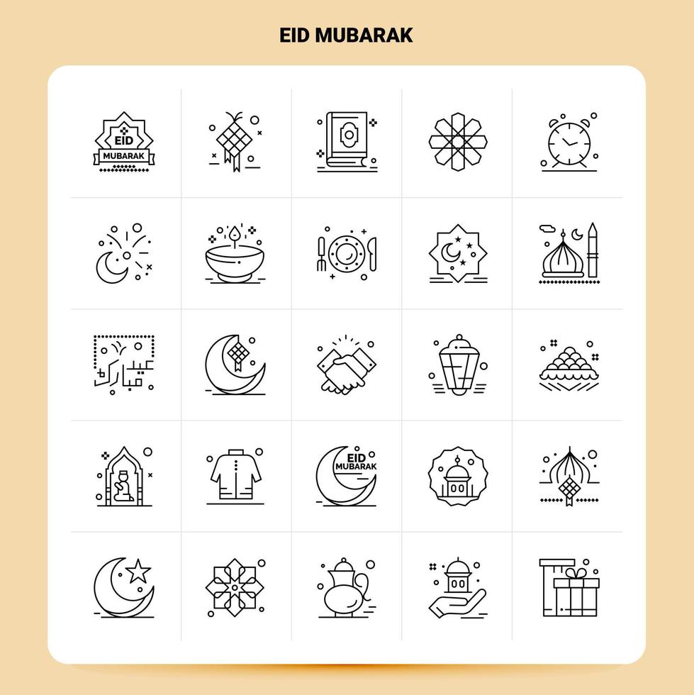 schets 25 eid mubarak icoon reeks vector lijn stijl ontwerp zwart pictogrammen reeks lineair pictogram pak web en mobiel bedrijf ideeën ontwerp vector illustratie