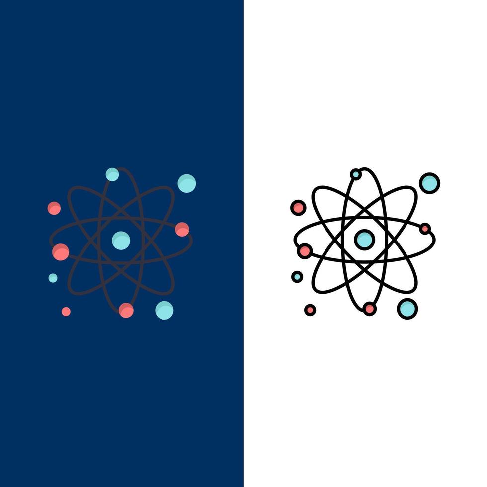 atoom deeltje molecuul fysica pictogrammen vlak en lijn gevulde icoon reeks vector blauw achtergrond