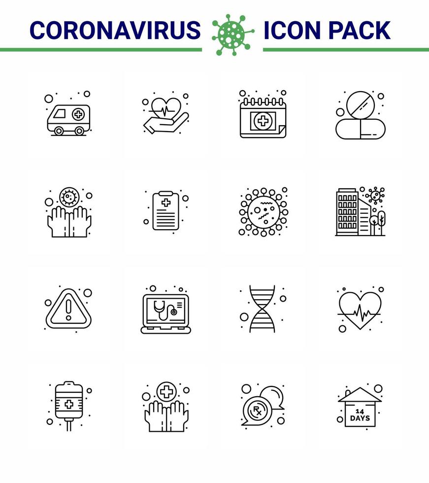 coronavirus bewustzijn icoon 16 lijn pictogrammen icoon inbegrepen ziekte tablet kalender pil drug virale coronavirus 2019november ziekte vector ontwerp elementen