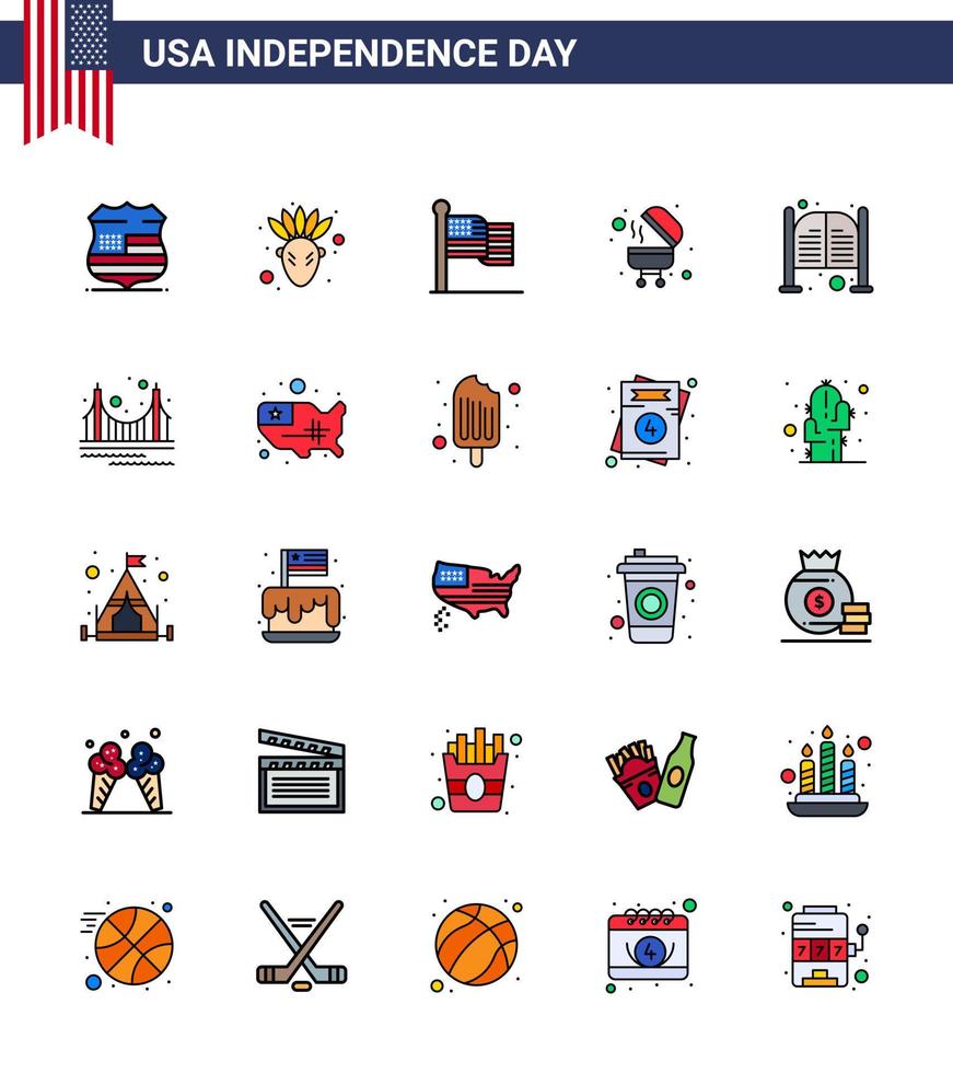 gelukkig onafhankelijkheid dag 4e juli reeks van 25 vlak gevulde lijnen Amerikaans pictogram van dag deuren vlag bar bbq bewerkbare Verenigde Staten van Amerika dag vector ontwerp elementen