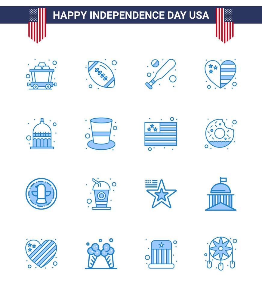 Verenigde Staten van Amerika gelukkig onafhankelijkheid dagpictogram reeks van 16 gemakkelijk blues van Verenigde Staten van Amerika Indianapolis knuppel Indiana vlag bewerkbare Verenigde Staten van Amerika dag vector ontwerp elementen