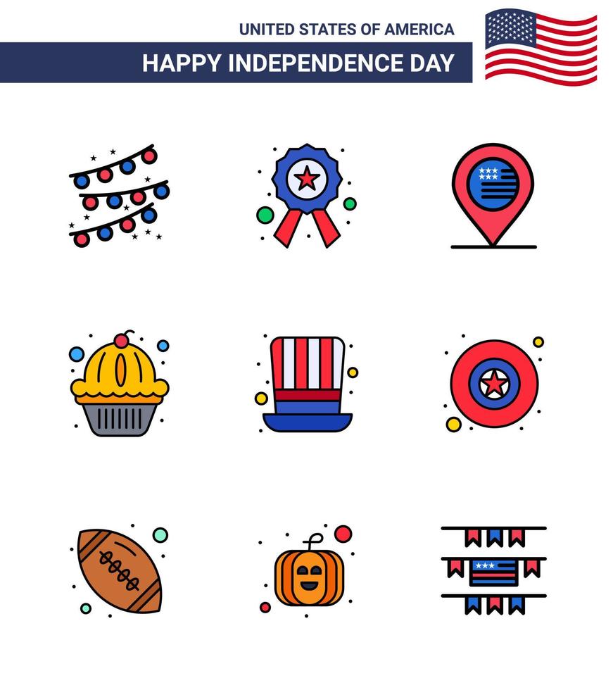 4e juli Verenigde Staten van Amerika gelukkig onafhankelijkheid dag icoon symbolen groep van 9 modern vlak gevulde lijnen van presidenten dag plaats taart muffin bewerkbare Verenigde Staten van Amerika dag vector ontwerp elementen