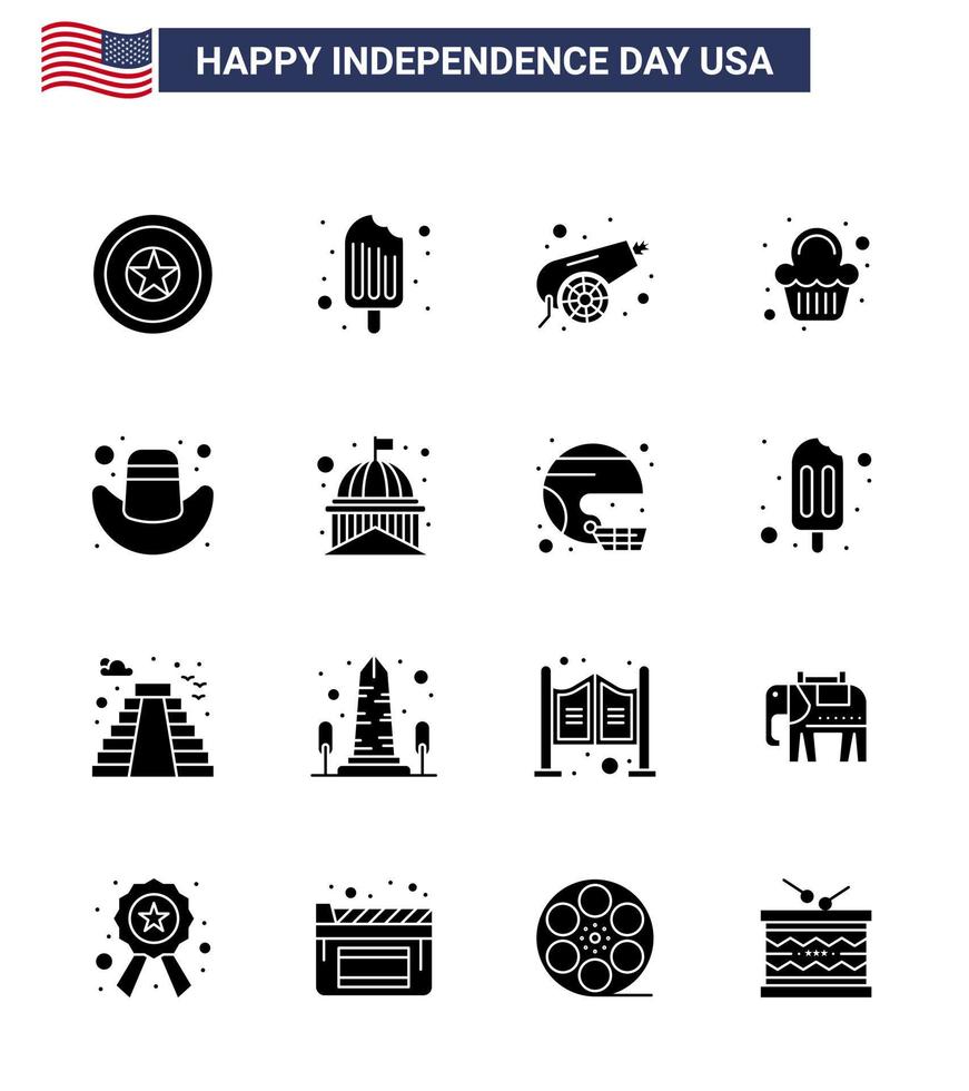 16 Verenigde Staten van Amerika solide glyph pak van onafhankelijkheid dag tekens en symbolen van pet viering leger zoet taart bewerkbare Verenigde Staten van Amerika dag vector ontwerp elementen