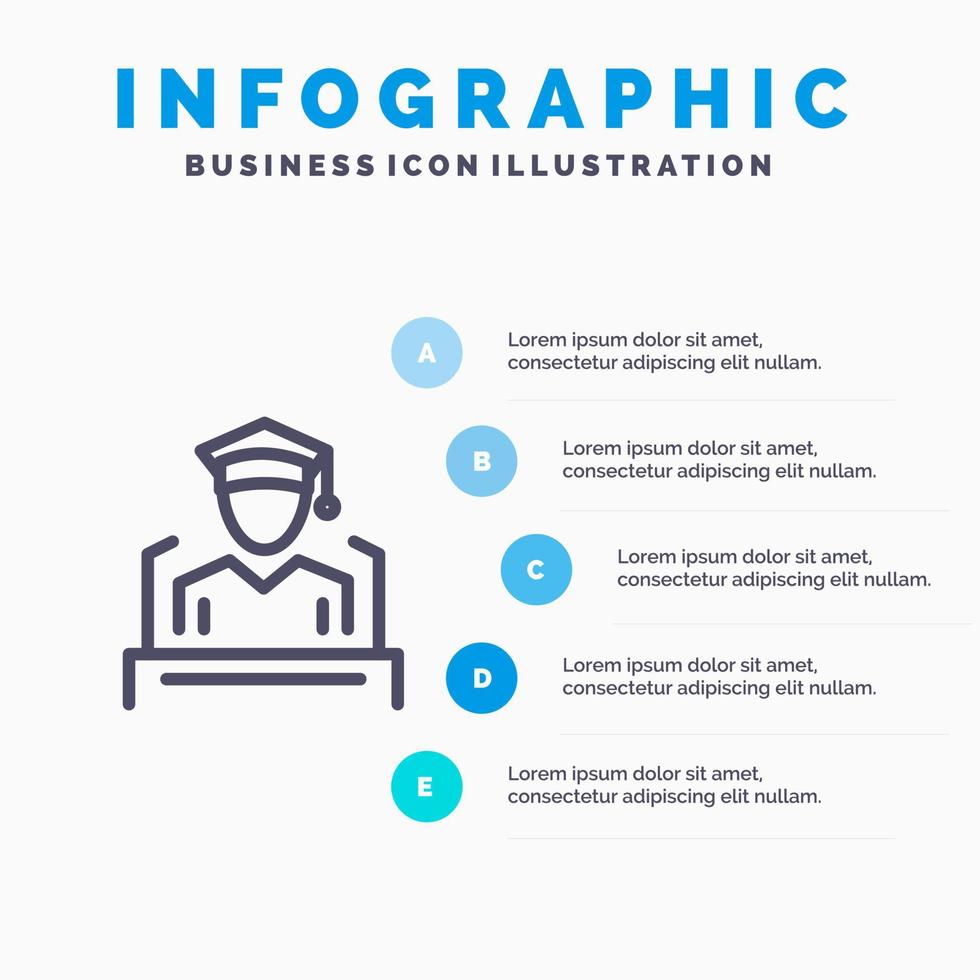 pet onderwijs diploma uitreiking toespraak lijn icoon met 5 stappen presentatie infographics achtergrond vector