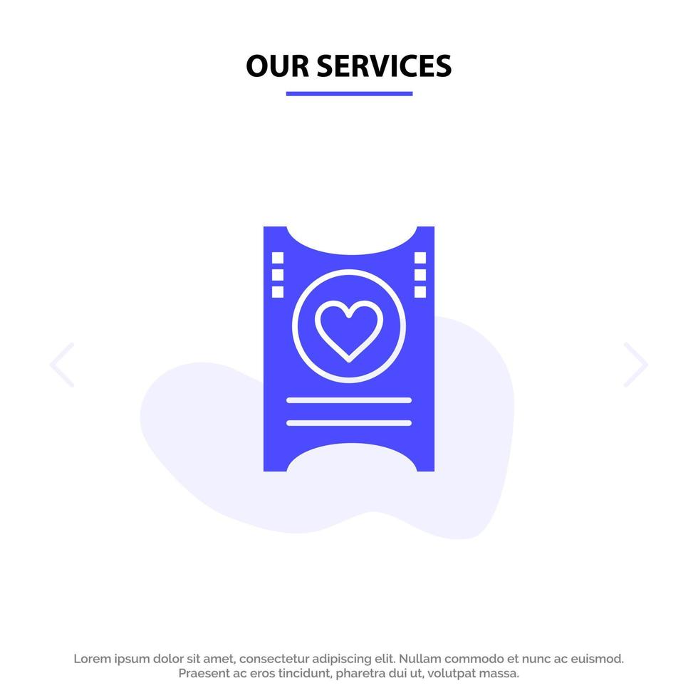 onze Diensten ticket liefde hart bruiloft solide glyph icoon web kaart sjabloon vector