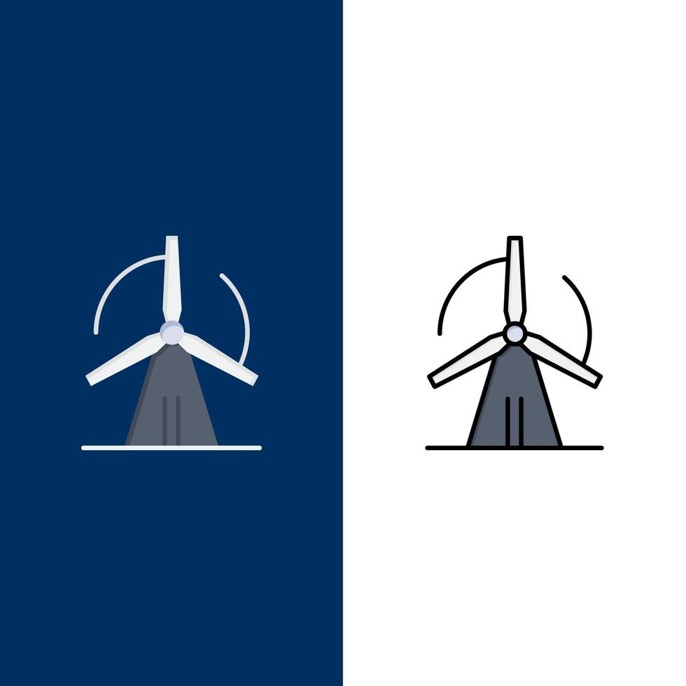 turbine wind energie macht pictogrammen vlak en lijn gevulde icoon reeks vector blauw achtergrond