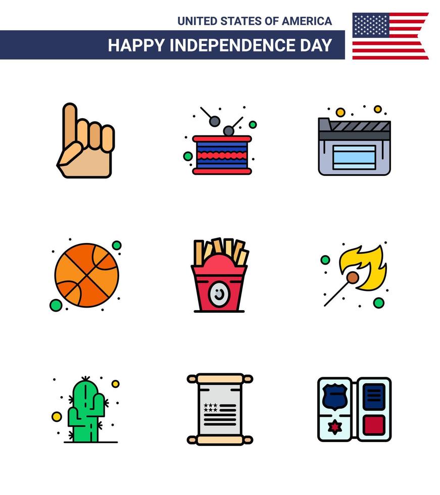 vlak gevulde lijn pak van 9 Verenigde Staten van Amerika onafhankelijkheid dag symbolen van Fast food dag onafhankelijkheid sport- basketbal bewerkbare Verenigde Staten van Amerika dag vector ontwerp elementen