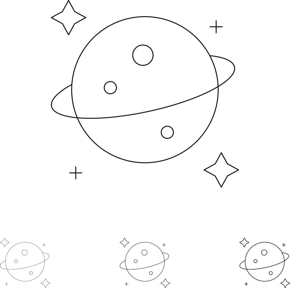 planeet Saturnus ruimte stoutmoedig en dun zwart lijn icoon reeks vector