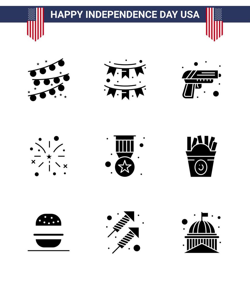 9 Verenigde Staten van Amerika solide glyph tekens onafhankelijkheid dag viering symbolen van insigne Verenigde Staten van Amerika geweer Amerikaans vuurwerk bewerkbare Verenigde Staten van Amerika dag vector ontwerp elementen