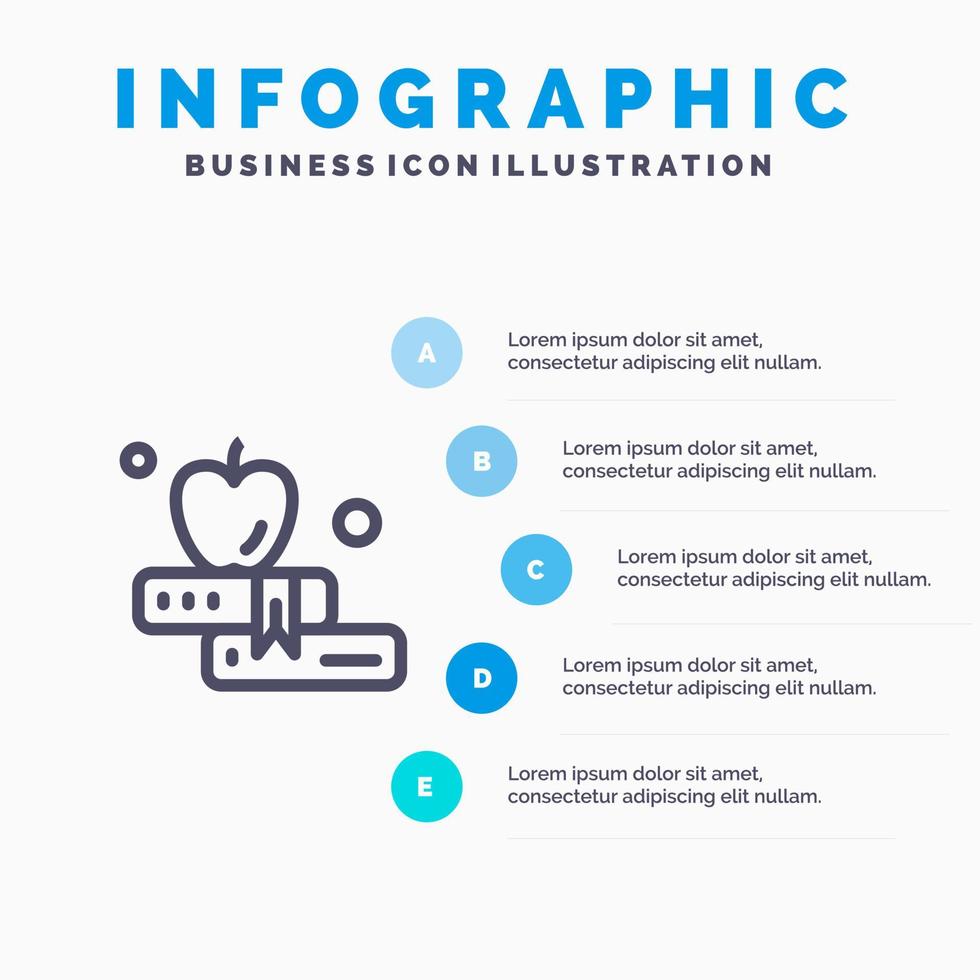appel boek onderwijs lijn icoon met 5 stappen presentatie infographics achtergrond vector