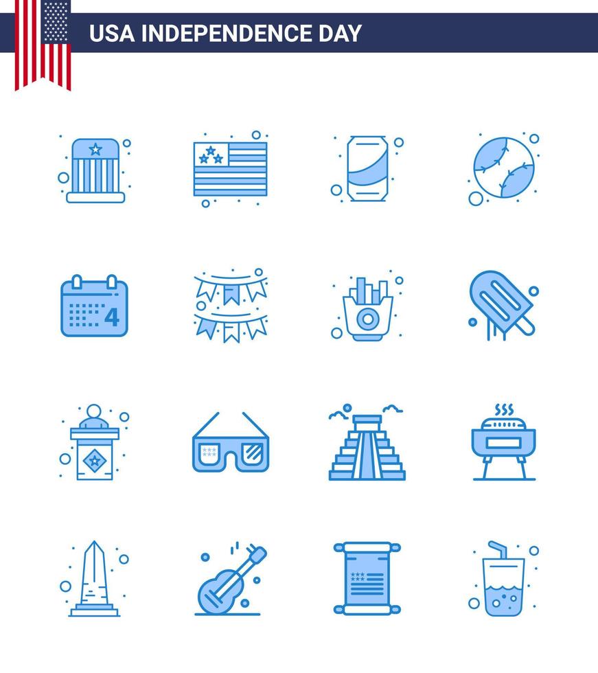 Verenigde Staten van Amerika gelukkig onafhankelijkheid dagpictogram reeks van 16 gemakkelijk blues van datum kalender kan Verenigde basketbal bewerkbare Verenigde Staten van Amerika dag vector ontwerp elementen