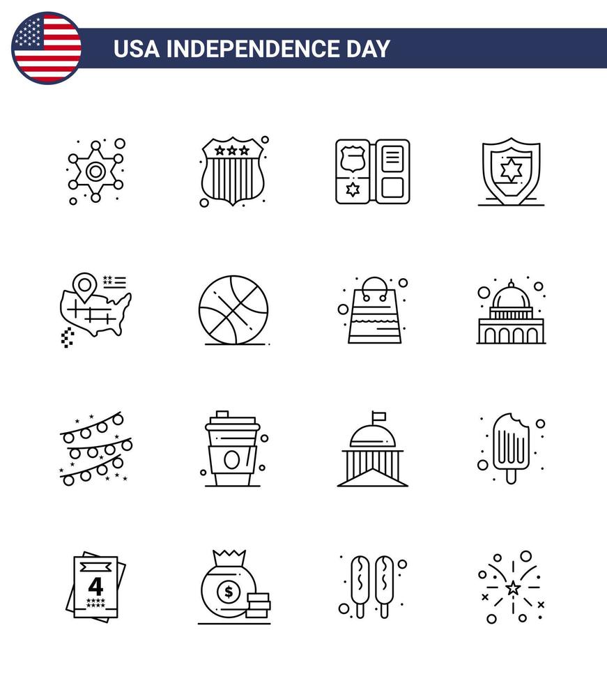 16 creatief Verenigde Staten van Amerika pictogrammen modern onafhankelijkheid tekens en 4e juli symbolen van backetball kaart schild plaats bescherming bewerkbare Verenigde Staten van Amerika dag vector ontwerp elementen