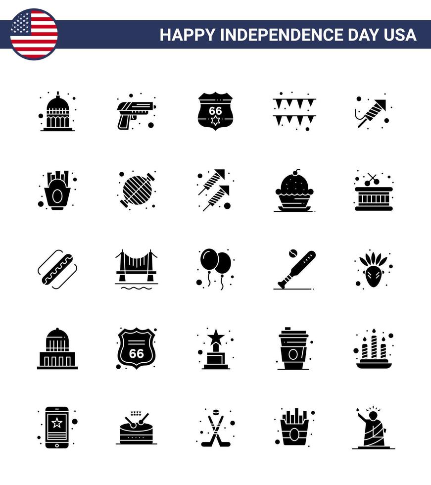 Verenigde Staten van Amerika onafhankelijkheid dag solide glyph reeks van 25 Verenigde Staten van Amerika pictogrammen van festival brand werk Amerikaans papier festival bewerkbare Verenigde Staten van Amerika dag vector ontwerp elementen