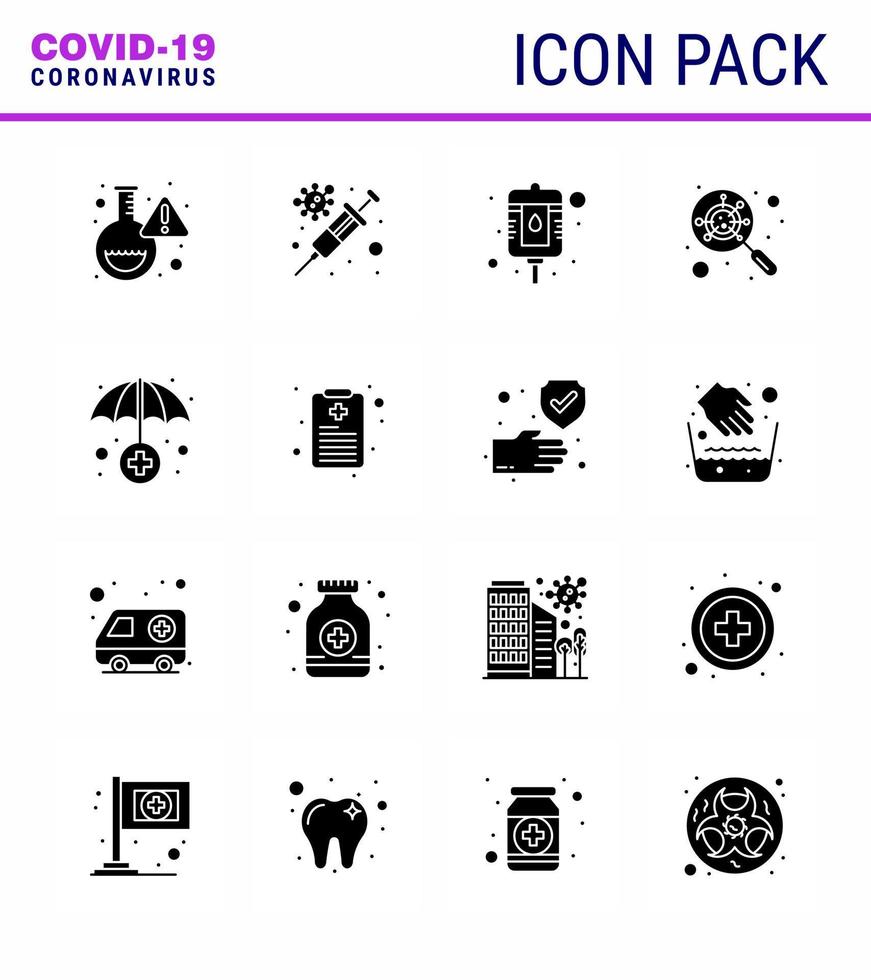 16 solide glyph zwart coronavirus ziekte en het voorkomen vector icoon medisch verzekering bloed vergroten glas virale coronavirus 2019november ziekte vector ontwerp elementen