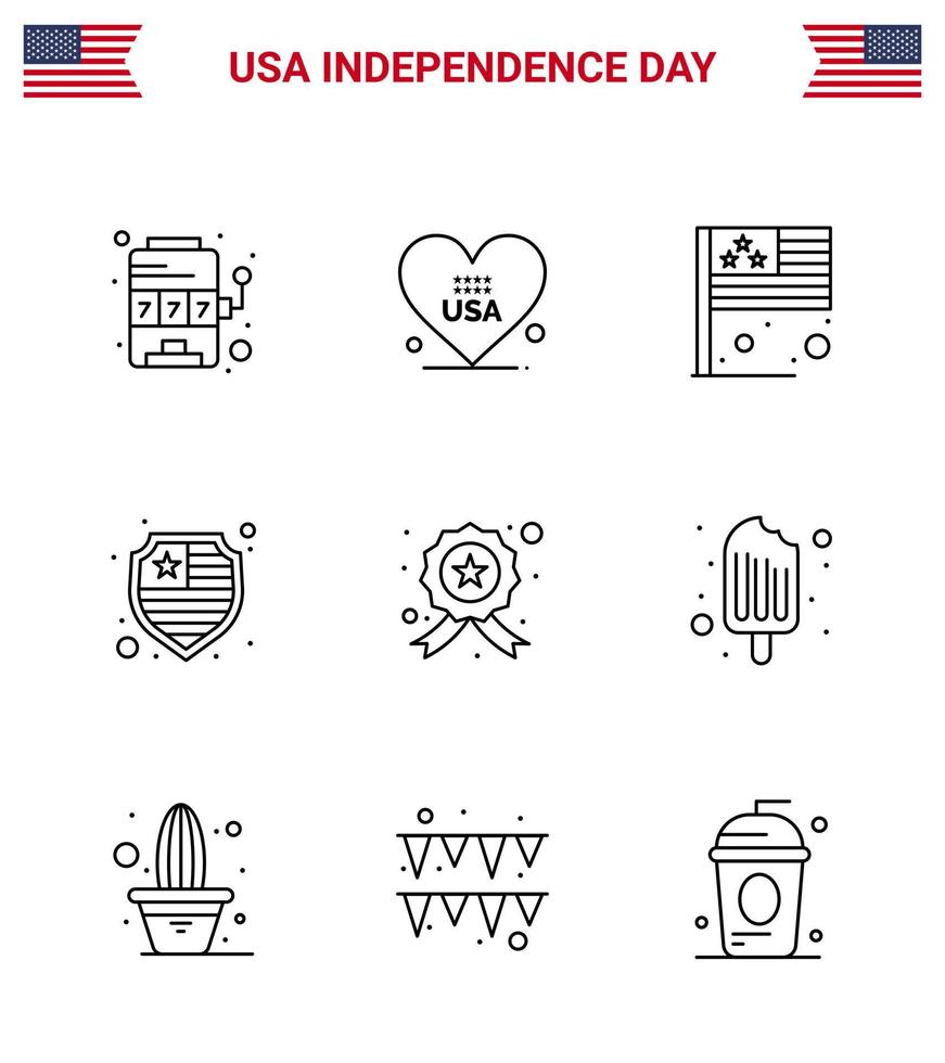 reeks van 9 modern lijnen pak Aan Verenigde Staten van Amerika onafhankelijkheid dag ster insigne dag schild Amerikaans bewerkbare Verenigde Staten van Amerika dag vector ontwerp elementen