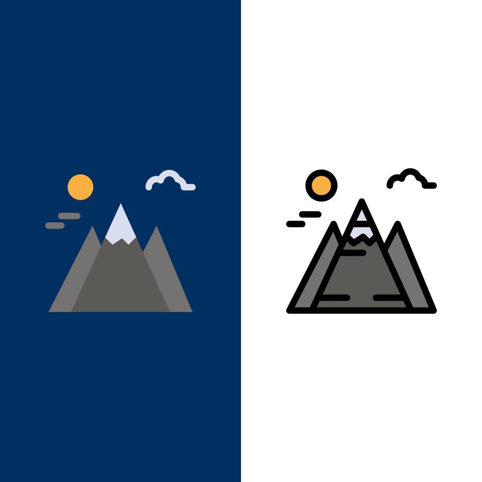 landschap berg zon pictogrammen vlak en lijn gevulde icoon reeks vector blauw achtergrond