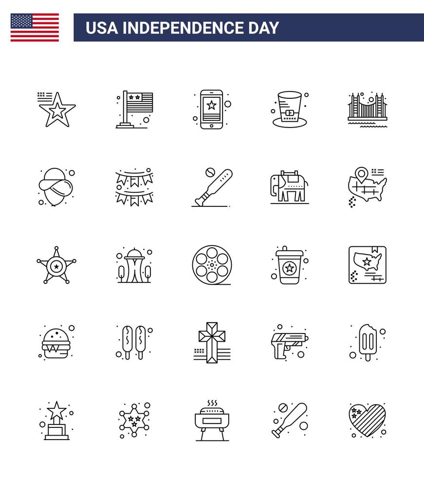 gelukkig onafhankelijkheid dag 4e juli reeks van 25 lijnen Amerikaans pictogram van brug presidenten cel hoed telefoon bewerkbare Verenigde Staten van Amerika dag vector ontwerp elementen