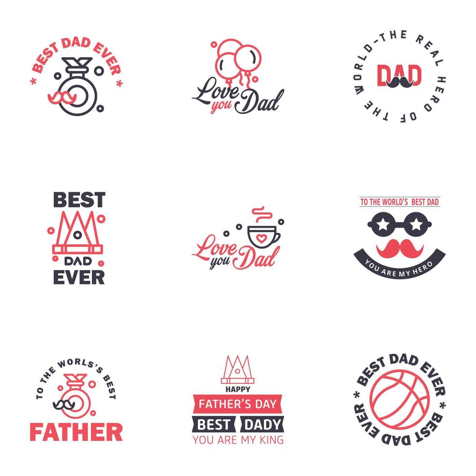 9 zwart en roze reeks van vector gelukkig vaders dag typografie wijnoogst pictogrammen belettering voor groet kaarten banners t-shirt ontwerp vaders dag bewerkbare vector ontwerp elementen