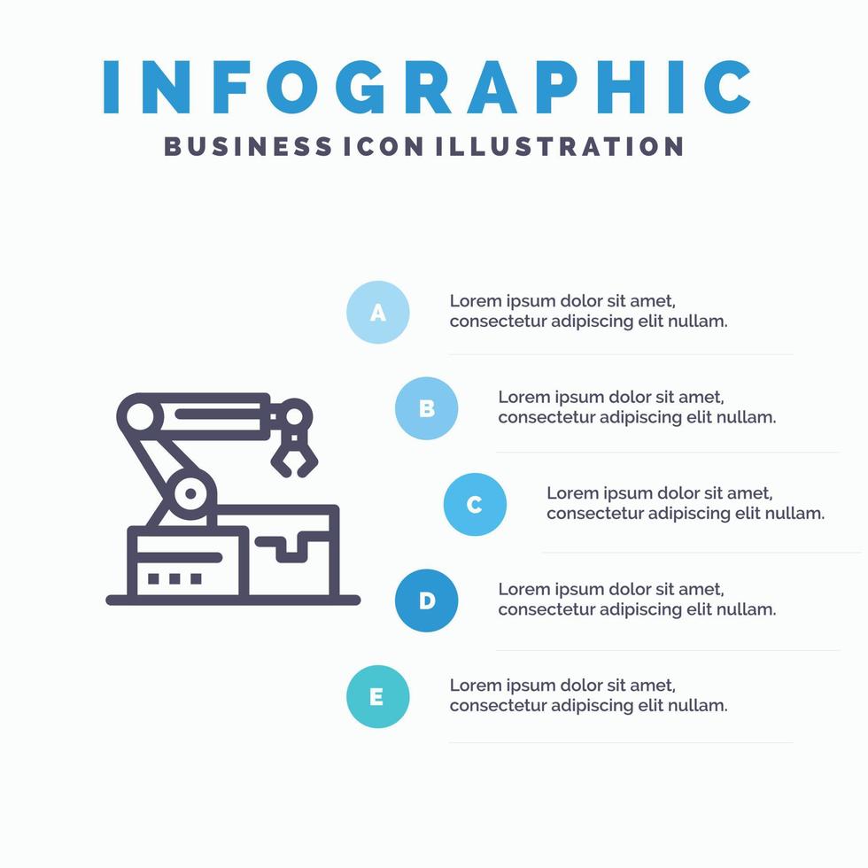 geautomatiseerd robot arm technologie lijn icoon met 5 stappen presentatie infographics achtergrond vector