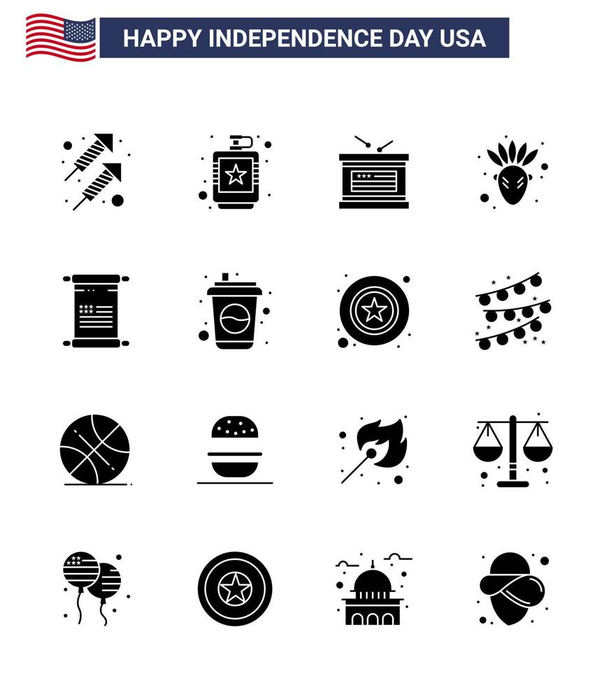 gelukkig onafhankelijkheid dag 16 solide glyphs icoon pak voor web en afdrukken tekst dankzegging vloeistof inheems Amerikaans onafhankelijkheid dag bewerkbare Verenigde Staten van Amerika dag vector ontwerp elementen