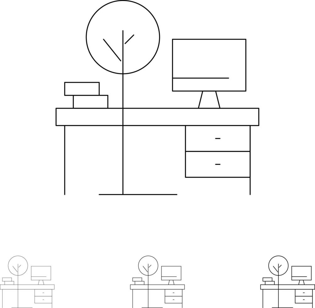 comfort bureau kantoor plaats tafel stoutmoedig en dun zwart lijn icoon reeks vector