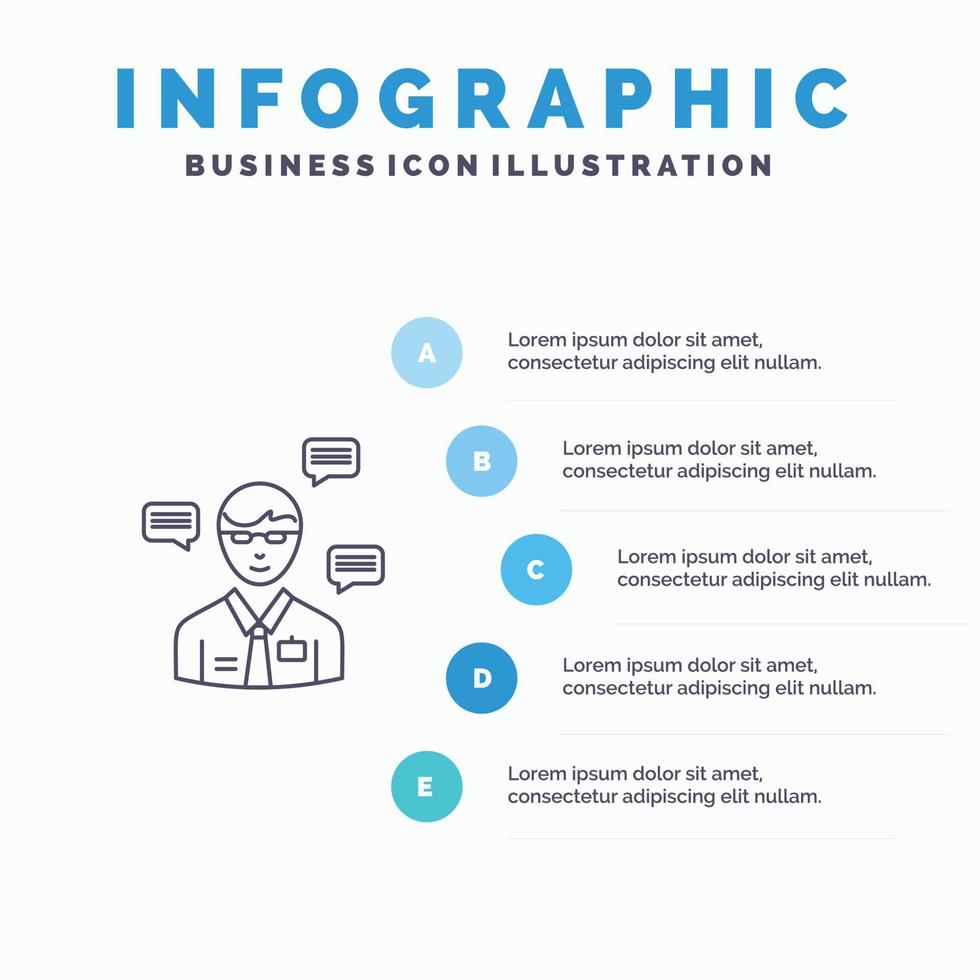 Mens manager sms babbelen pop-up lijn icoon met 5 stappen presentatie infographics achtergrond vector