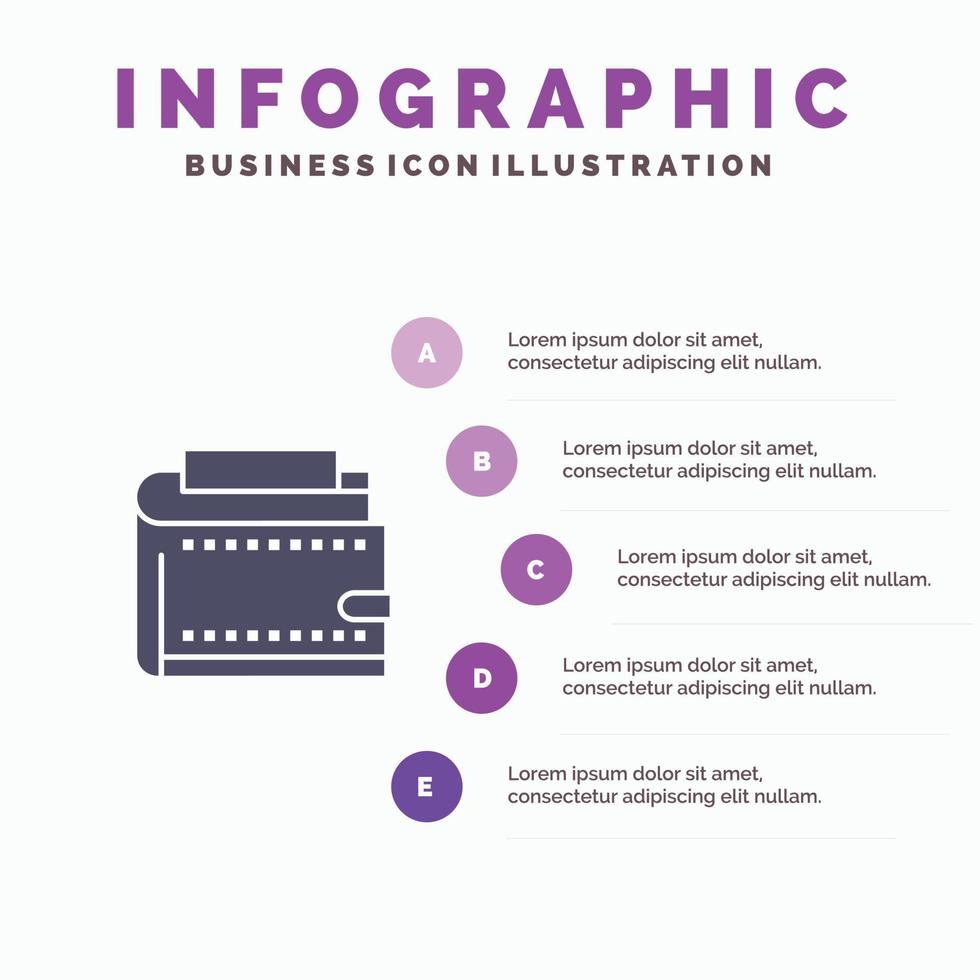 portemonnee contant geld financiën geld persoonlijk handtas solide icoon infographics 5 stappen presentatie achtergrond vector