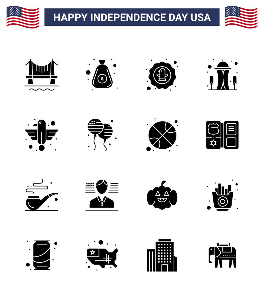 gelukkig onafhankelijkheid dag 4e juli reeks van 16 solide glyphs Amerikaans pictogram van Amerikaans naald- Amerikaans mijlpaal insigne bewerkbare Verenigde Staten van Amerika dag vector ontwerp elementen